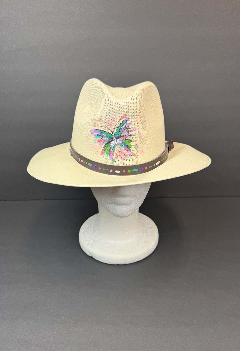 Hand Painted Mexican Straw Fedora Hat with Butterfly and Band Size M